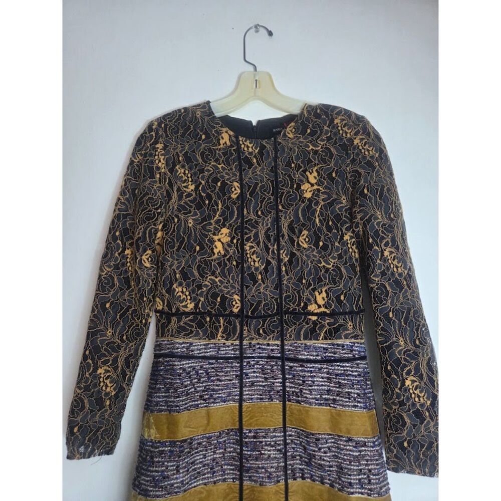 Sara Navon Black Gold Grey Floral Jacquard Tweed Velvet A-Line Dress size Small - Picture 4 of 7